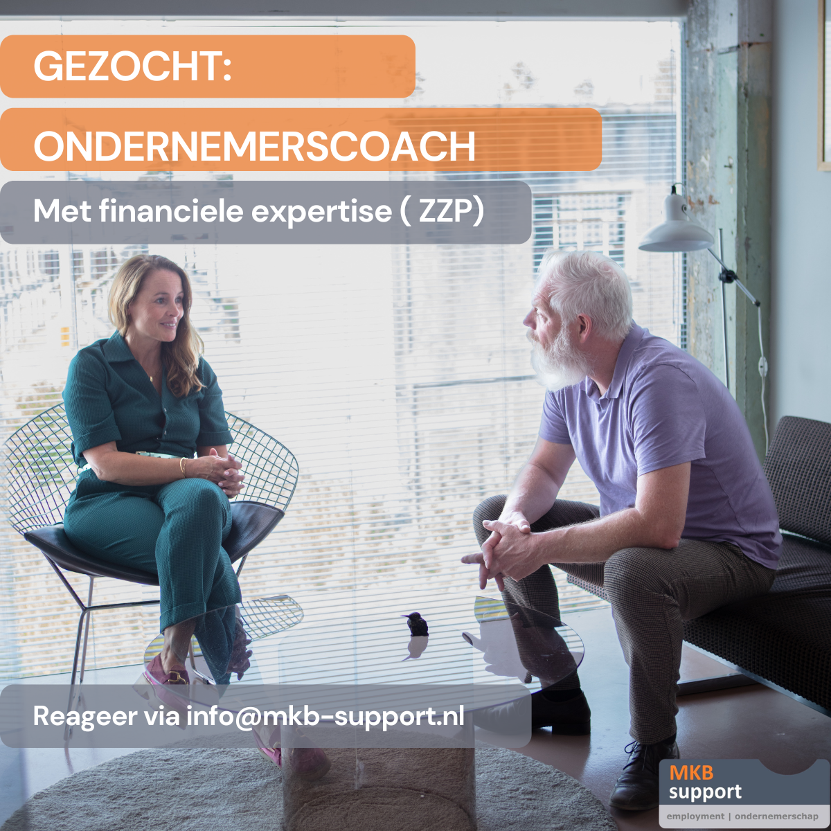 Banner van MKB-support met de tekst “Gezocht: Ondernemerscoach met financiële expertise (ZZP)”. Op de afbeelding zitten een vrouw en een man tegenover elkaar in gesprek in een lichte kantoorruimte. Onderaan staat: “Reageer via info@mkb-support.nl